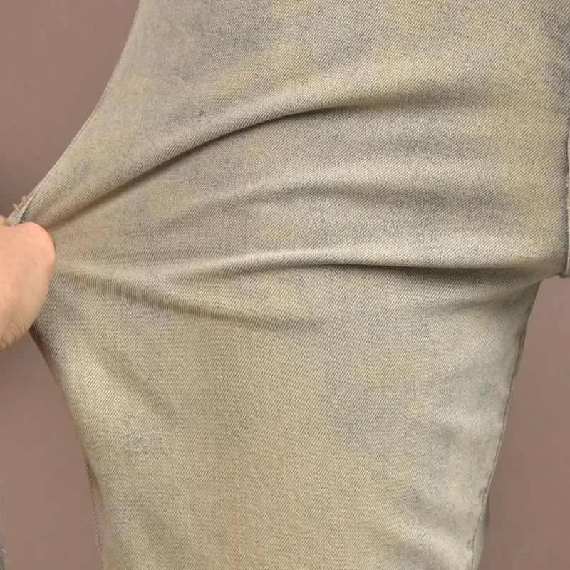 2023 Summer Thin Retro Nostalgic Cropped Jeans Men's Fashion Brand Stretch Slim Fit Skinny Yellow Mud Casual Men's Trousers