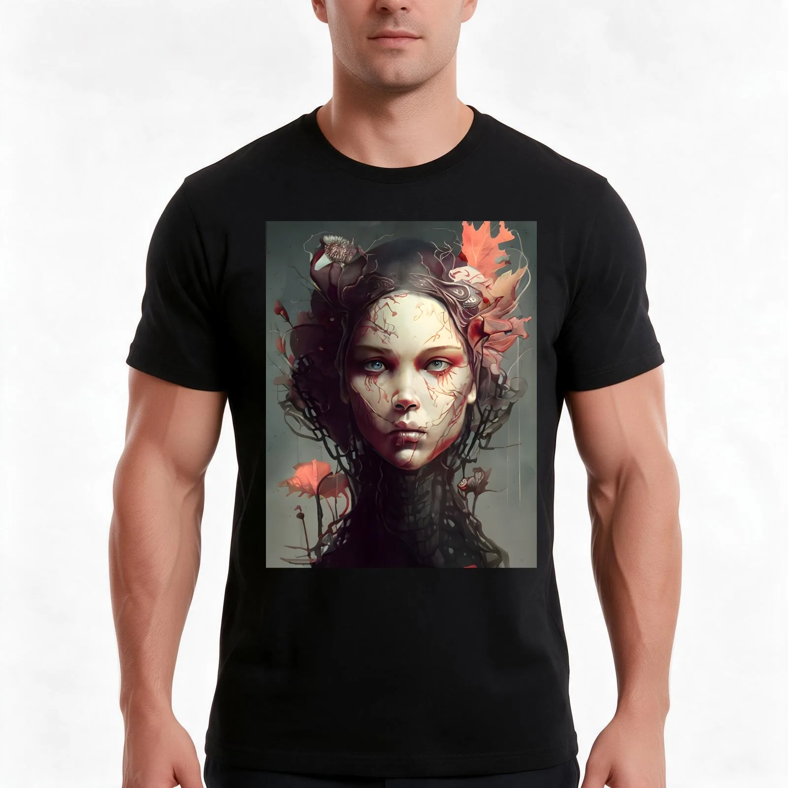The Dark Garden - A Haunting Portrait of a Woman Enshrouded in Leaves and Vines T-Shirt, Summer Casual Cotton Tee, 100% Cotton