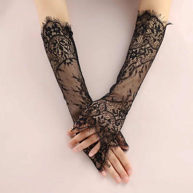 黒まつげレースフィンガーレスロンググローブシアーメッシュフローラルレースアームスリーブブライダルウェディングパーティーグローブ