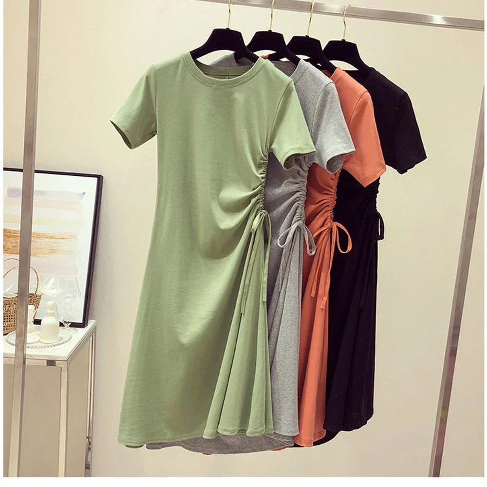 夏の新しい女性スリムソリッド Tシャツドレスレディ O ネック半袖シャーリングレースアッププリーツ Vestidos