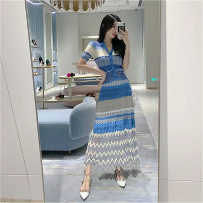 

Women New Elegant Short Sleeve Knitting Tops Elastic High Waist Long Maxi Skirt Blue Suits Summer Striped Knitted Two Piece Set