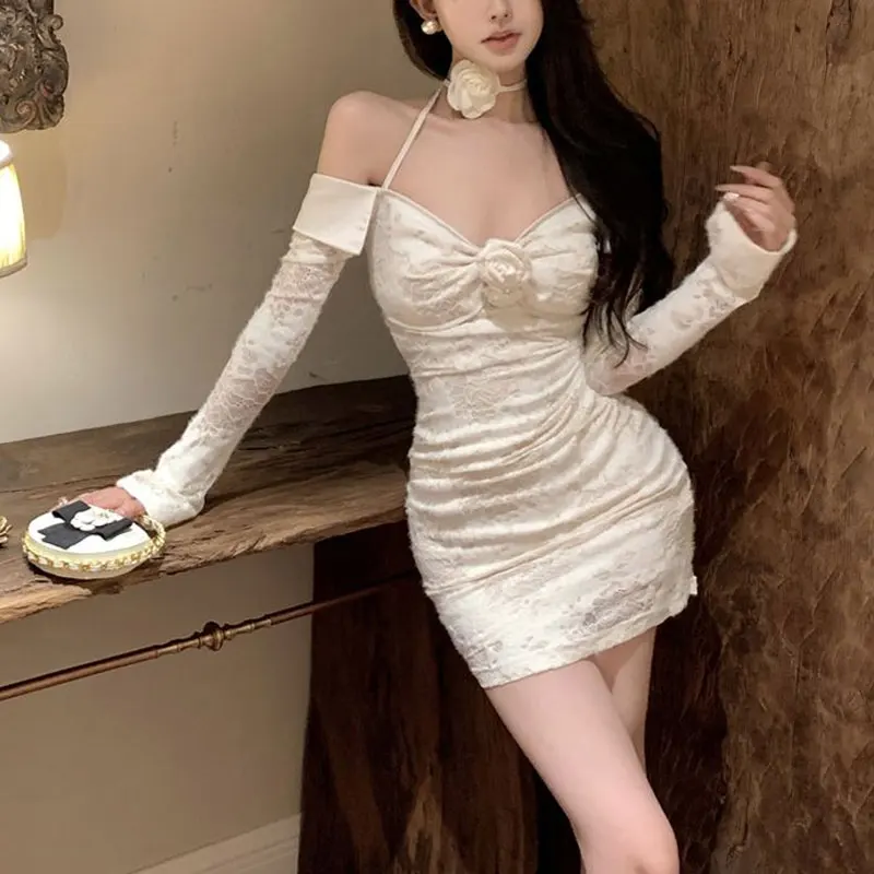 

Spring Autumn Hotsweet Slim Dresses Slash Neck Women's Clothing Waist Lace Fashion Halter Floral Elegant Bag Hip Aura Mini Dress
