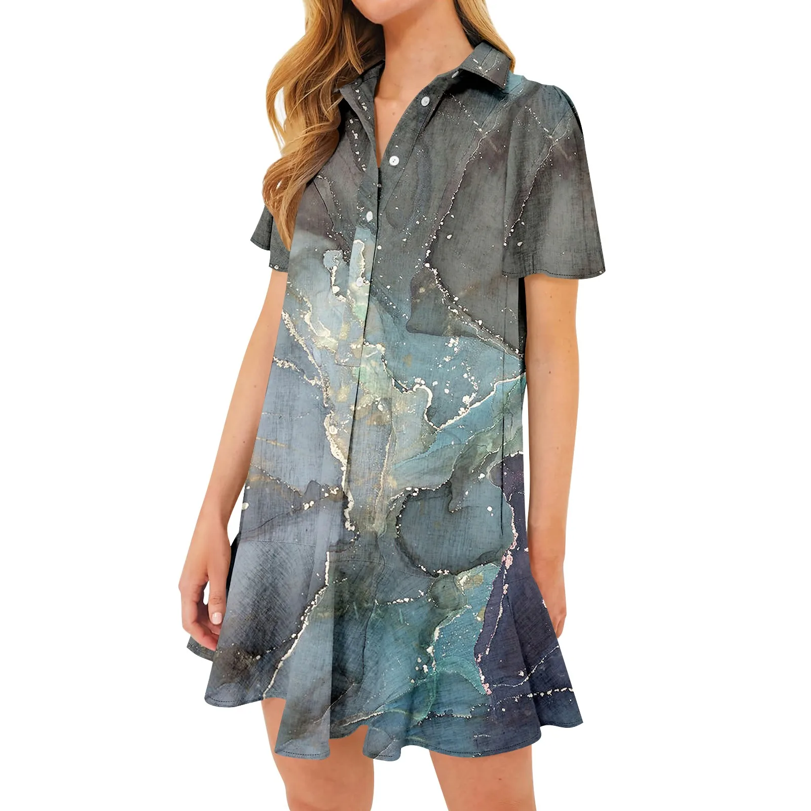 2024 New Women'S Casual Half Open Shirt Hem Ruffle Textured Stone Printed Short Sleeve Dresses сарафан женский Uzun Elbiseler