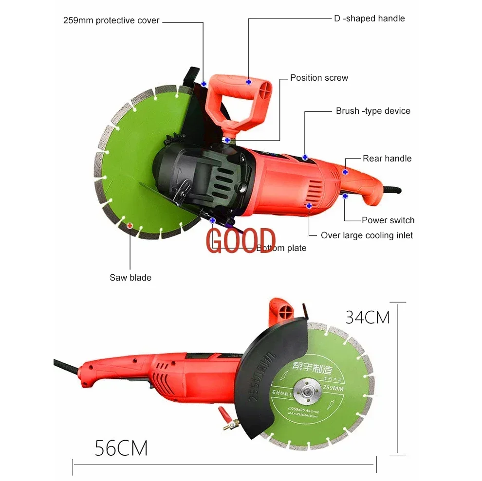 10′′ долбежный станок для стен, 220 В, многофункциональная бензопила, ручная плитка, камень, 3000 Вт, мощный угловой шлифовальный станок для резки