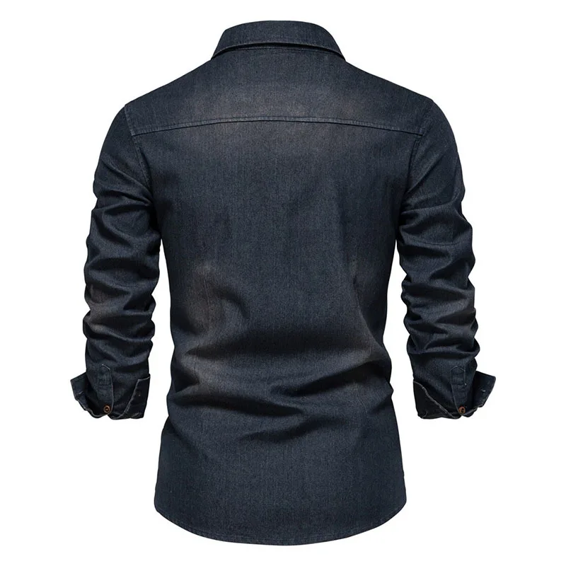 Autumn Long Sleeve Denim Shirts Men's High Quality Button-Up Elastic Slim Fit Cowboy Shirt Casual Pockets Design Mens Clothing
