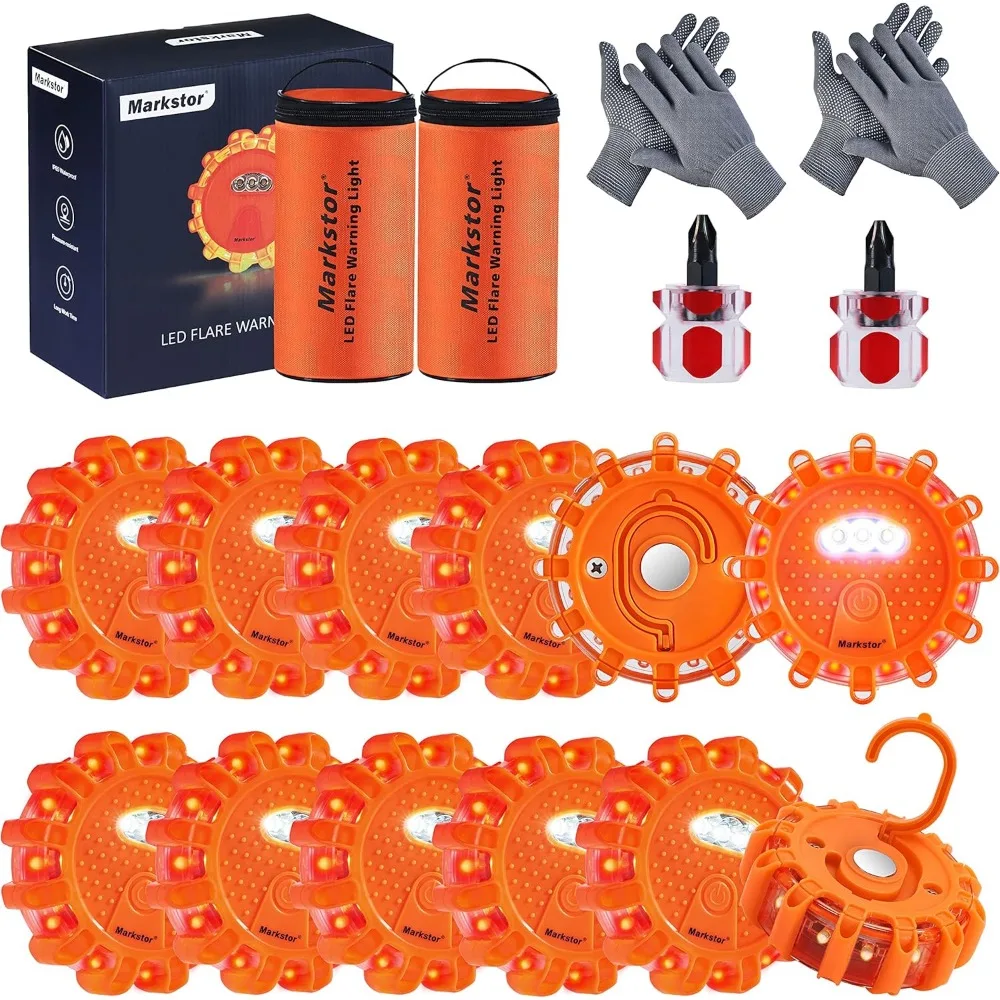 

Amber LED Road Flares Kit - Waterproof Emergency Beacons for Cars, Trucks, Boats with Hook