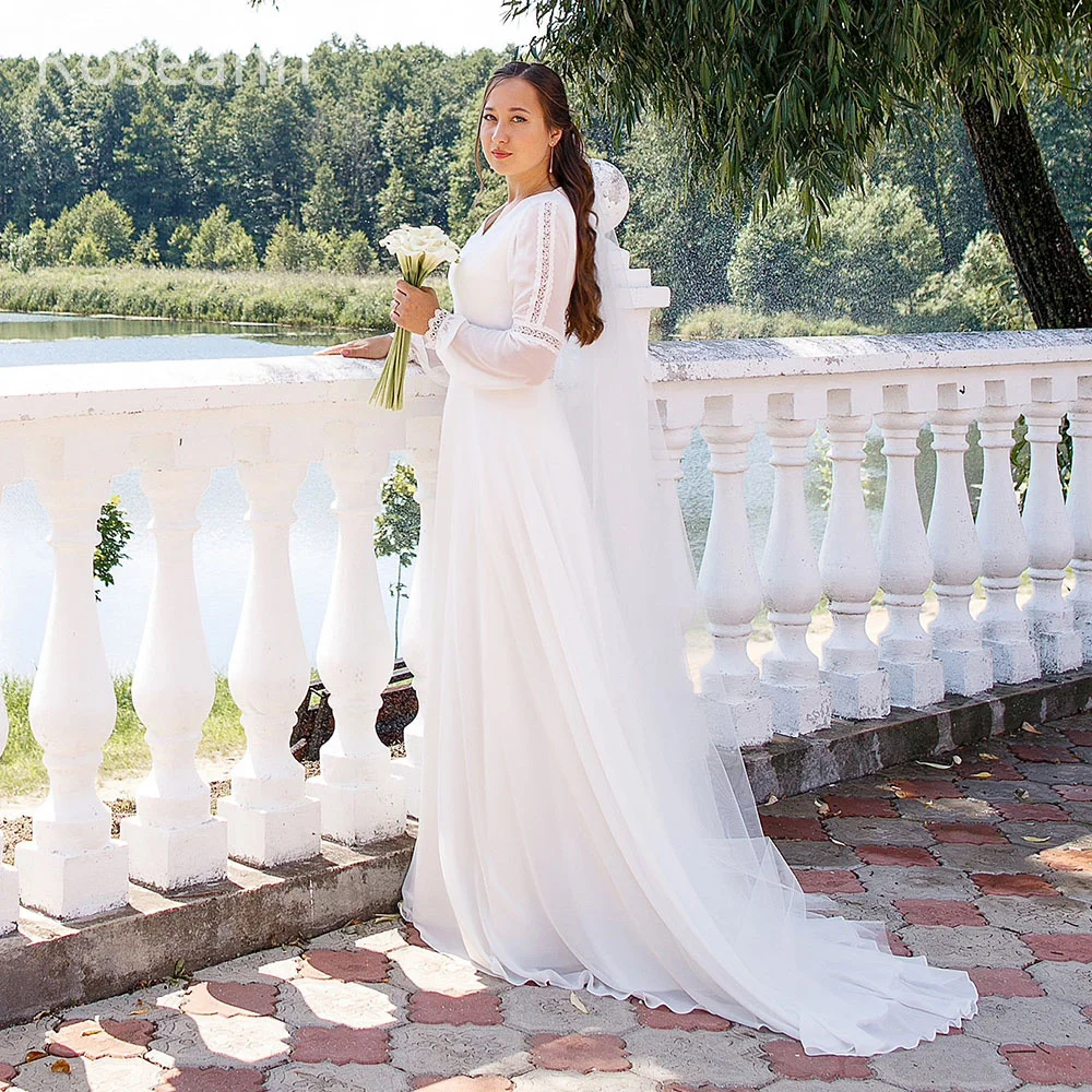 

Muslim Retro A-line Wedding Dresses Applique Draped Pleat V-Neck Flowers Belt Satin Bride Gown Floor Length Full robe de mariée