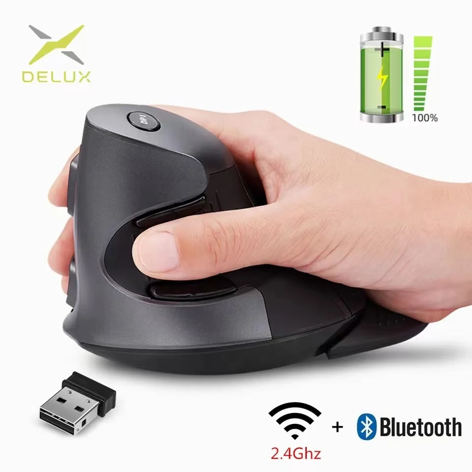 Delux M618G Rechargeable Vertical Wireless Mouse Ergonomic 4000 DPI Optical Mice with Removable Palm Rest For Computer