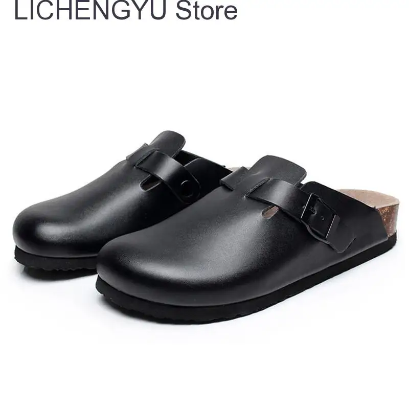 2023 New Fashion Men Beach Cork Slippers Summer Unisex Solid Color Non-slip Outside EVA Waterproof PU Leather Slide Shoe