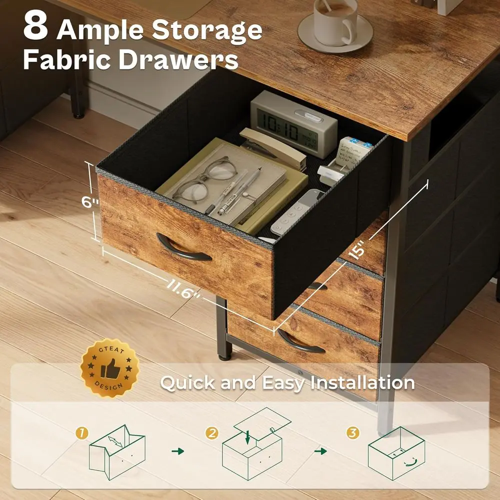 Mesa de escritório doméstico e para jogos de armazenamento grande marrom rústico 55 com 8 gavetas de tecido