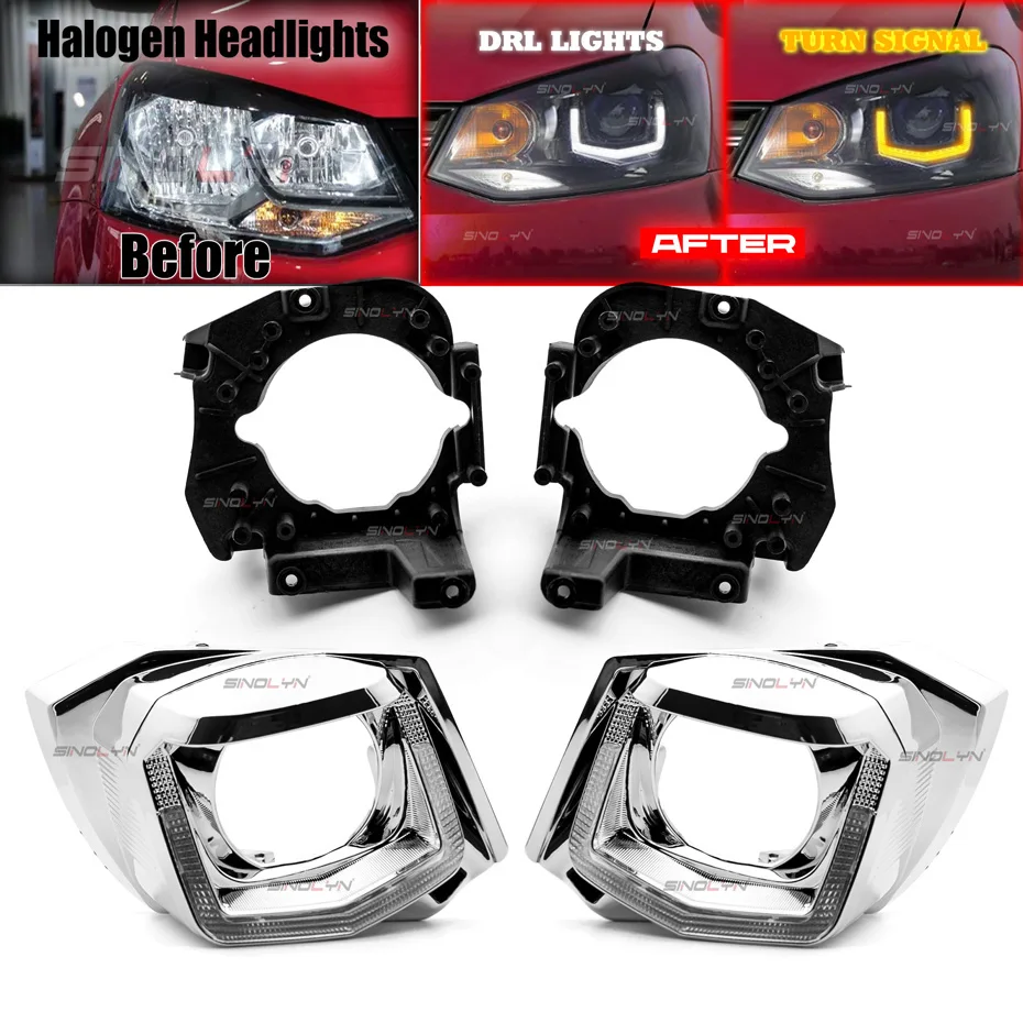 Sinolyn Upgrade Kit For VW Polo 6C 2014 Halogen Headlights U Led DRL D2S D2H Bi Xenon Projector Lenses Turn Signal For Hella 3R