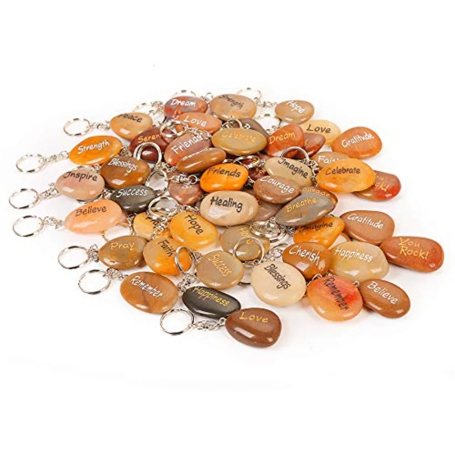 50PCS Inspirational Stones Key Chains, Engraved Natural River Rock Key Rings Keychains, Healing Stone Keychain Bulk Lot, Differ