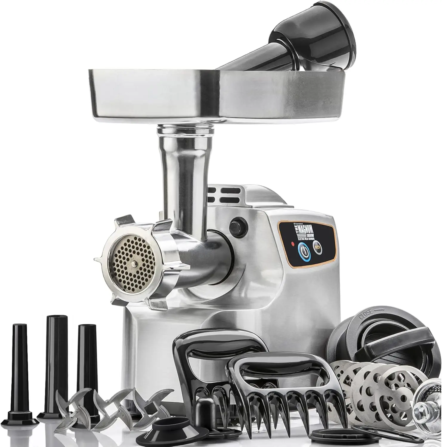 

1800W Electric Meat Grinder with Bone Grinding, High-Capacity Tray, 6 Plates & Sausage Stuffer