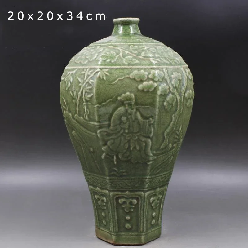 Vintage Green Ceramic Vase Ming Dynasty Engraved Vase Old Man Plum Bottle Imitation Ancient Old Asian Decor Vases Plant Vase