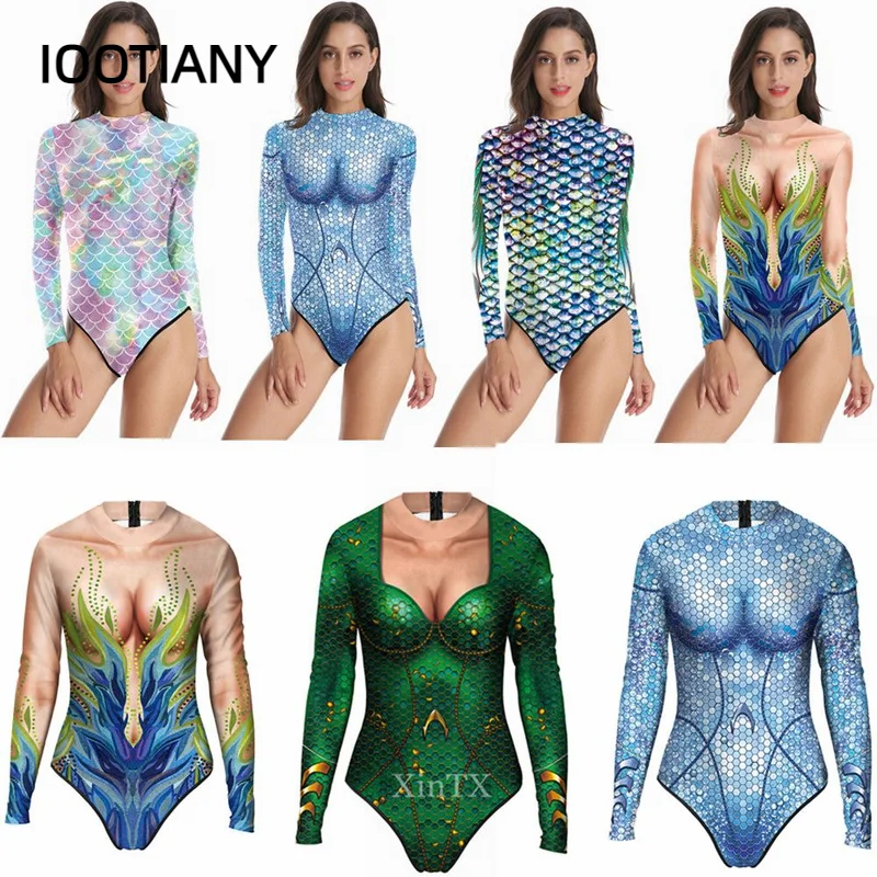 IOOTIANY New 3D Printing Mermaid Scales One Piece Long Sleeve Swimwear Bodysuit Costume Mermaid Swimsuit For Adult Women 2024