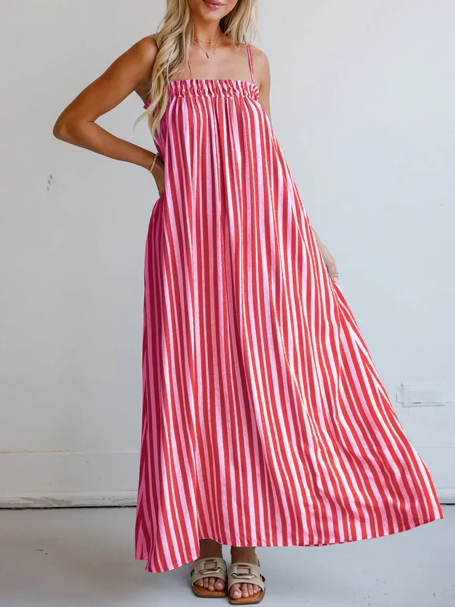 Sukienka maxi dla kobiet 2024 Summer Casual Striped Print Slim Dress Strap Sleeveless Square Neck Backless Smocked Beach Dresses