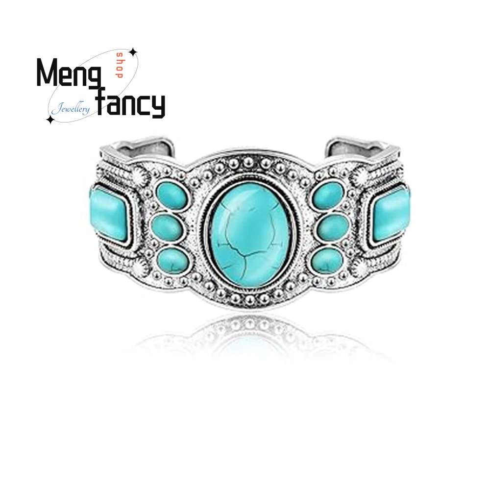 

High-grade New Retro Ethnic-style Open-top Turquoise Bracelet Fashion Jewelry Best Selling Handicraft Exquisite Elegant Popular