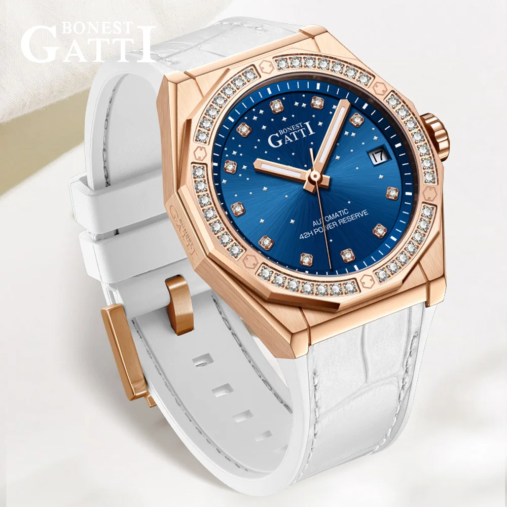 

BONEST GATTI Women's Watches Luxury Diamond Dial Fashion Leather Strap 3ATM Luminous Ladies Mechanical Wristwatch German Design
