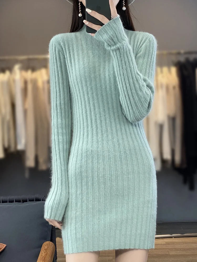 

Women's Cashmere Dress Autumn Winter Mock-neck Basic Sweater Pullovers 100% Mink Cashmere Knitwear Casual Skirts Female Clothes