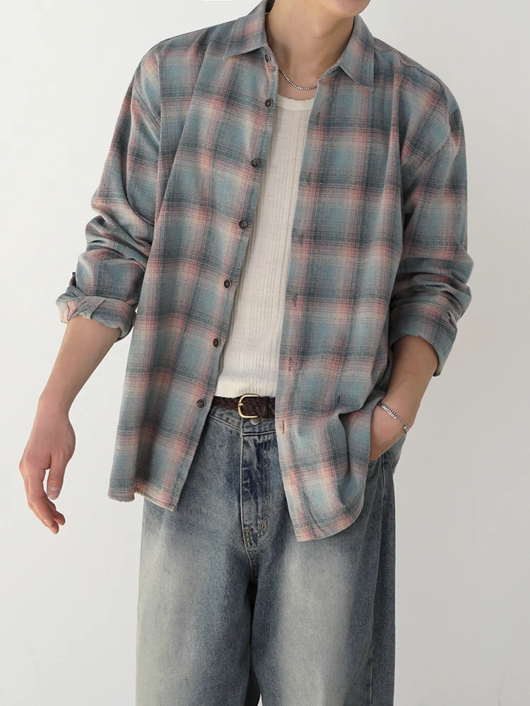 Contrast Color Plaid Long Sleeved Shirt For Men 2024 Autumn Korean Style High Street Casual Shirt Trendy Lapel Tops