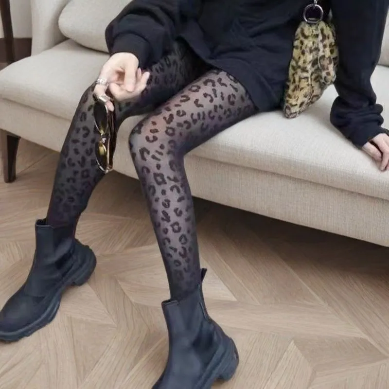 Women's Retro Leopard Print Sheer Pantyhose Summer Spring Ultra-Thin Transparent Jacquard Stockings Sexy Slim Legs