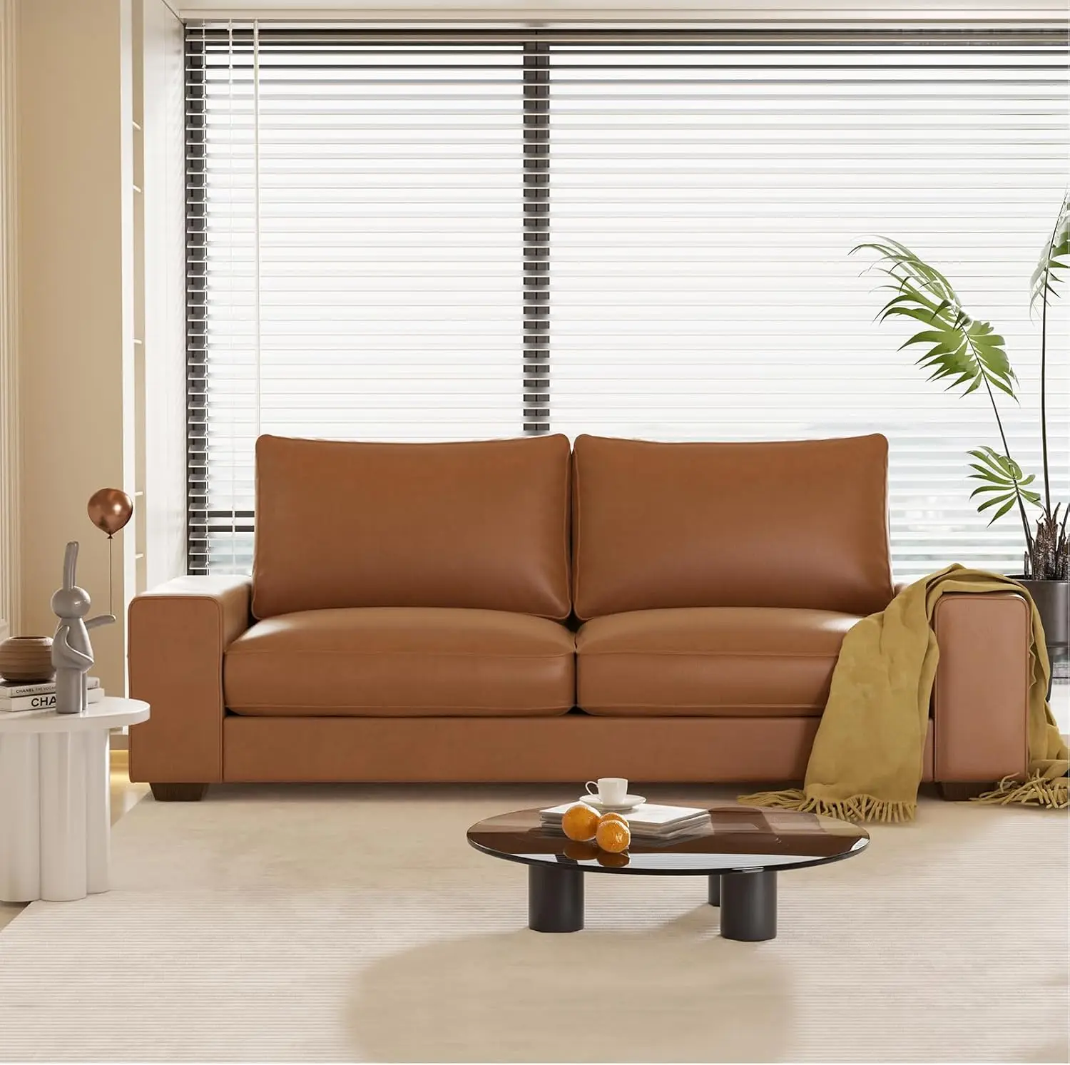 Faux Leather Sofa Couch with Wide Arm and Side Pocke, Living Room Loveseat Sofa with Solid Wooden Frame and Padded Cushion