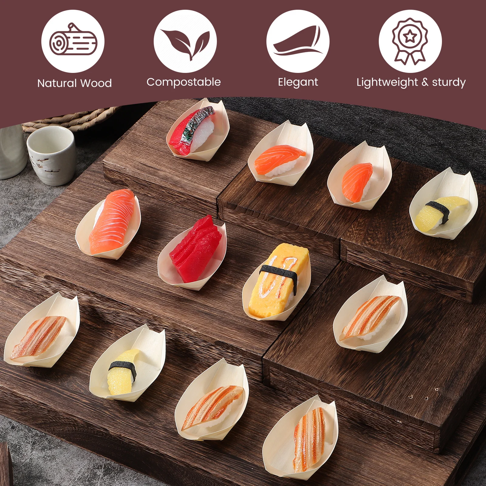 50 pcs Wadah Makanan Kayu Alami untuk Sushi, Aman untuk Makanan, Bentuk Perahu, Peralatan Makan Jepang, Piring Sajian Sashimi dari Kayu
