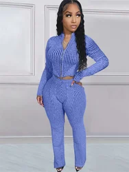 Nibber Autumn Trend 2 Piece Set Crochet Ribbed Women Double Zipper Cardigan Jacket+Skinny Straight Pants matching Casual Suit