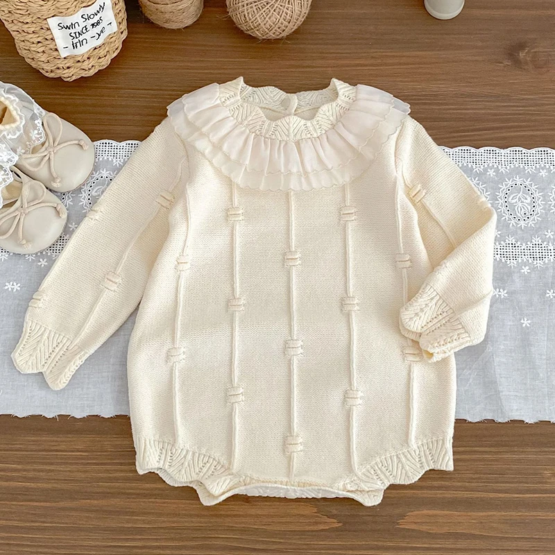 2025 New Autumn Baby Clothing Newborn Baby Girls Knitted Bodysuits Long Sleeved Solid Color Infant Baby Girls Knitted Jumpsuit