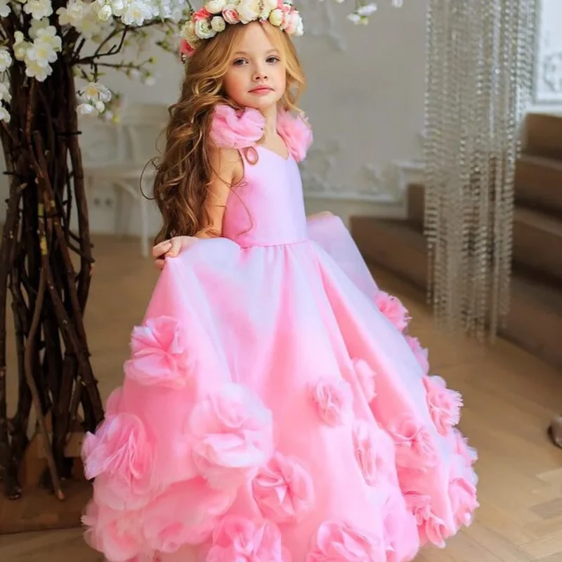 Rosa tule vestidos para meninas, rosa tule vestidos com flores 3d, alto e baixo v pescoço, sem mangas, para o casamento, aniversário, banquete