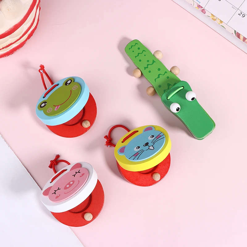 1Pc Kids Cartoon Wooden Crocodile/Round Castanets Music Instruments Baby Clapper Handle Musical Instruments Educational Toys
