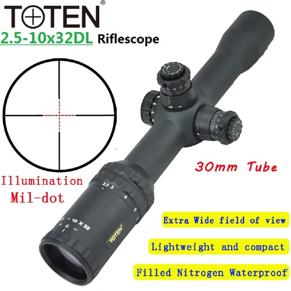 

TOTEN Long Eye Relief 2.5-10x32 Hunting Riflescope Wide View 30mm Tube Mil-dot Illuminated Sniper Target Shooting SFP Sight .308