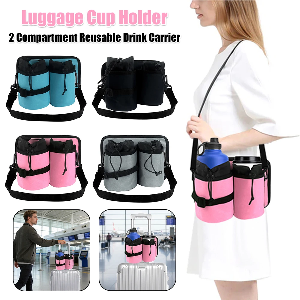 

2 Compartment Luggage Cup Holder with Adjustable Strap Luggage Drink Caddy for Flight Attendants Travel Accessories Gifts