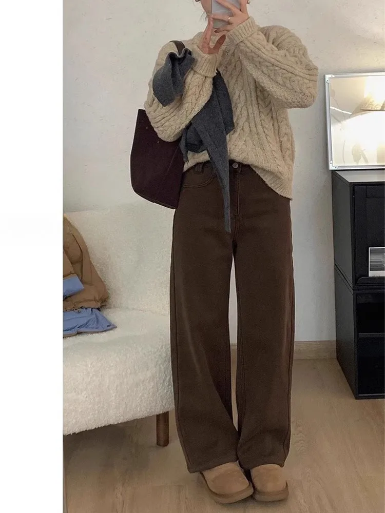 

High Waist Wide Leg Narrow Sle Coffee Color Denim Pants for Women Summer New Vintage Loose Straight Tube Trousers