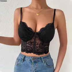 Women's Floral Lace Bustier Crop Top Spaghetti Strap Y2K Going Out Slimming Crop Cami Top Sexy Adjustable Camisole Tank Top