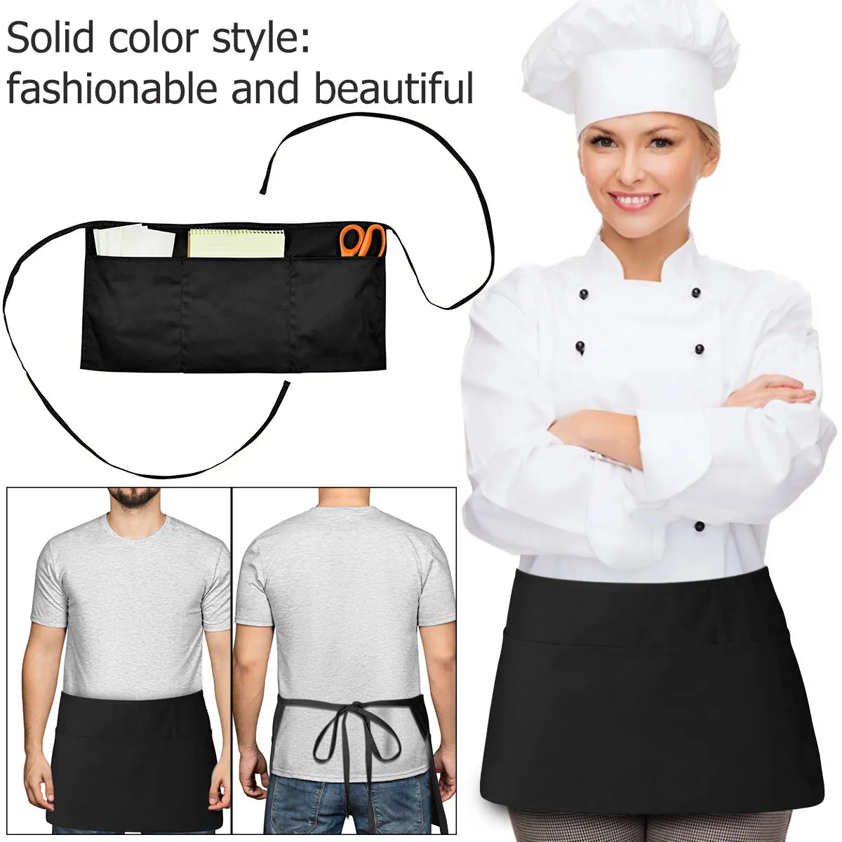 2Pcs Black Waiter Aprons Catering Baking Bar Hotel Waiter Kitchen Home Half Apron Restaurant Cotton Short Waist Aprons