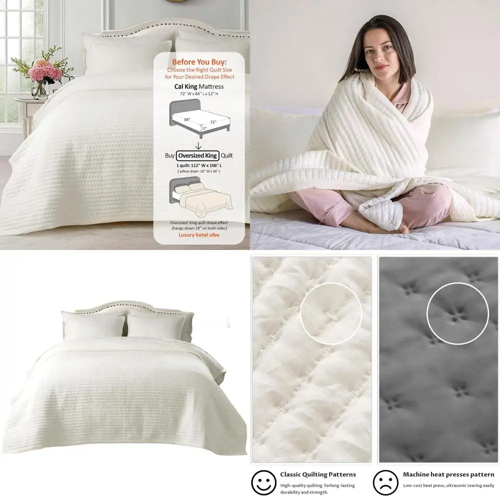 

Luxurious Oversized King Quilt Set, 112x106 inches, Soft Lightweight Bedspread, Minimalist Nordic Style, All-Season Cream White
