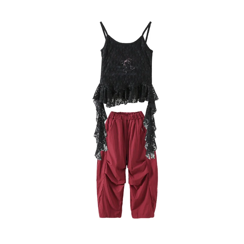 2025 Mädchen Hip Hop Dance Kleidung Schwarz Spitze Tops Kpop Rote Hosen Hip Hop Street Dance Performance Kostüm Bühne Outfits BL 16301