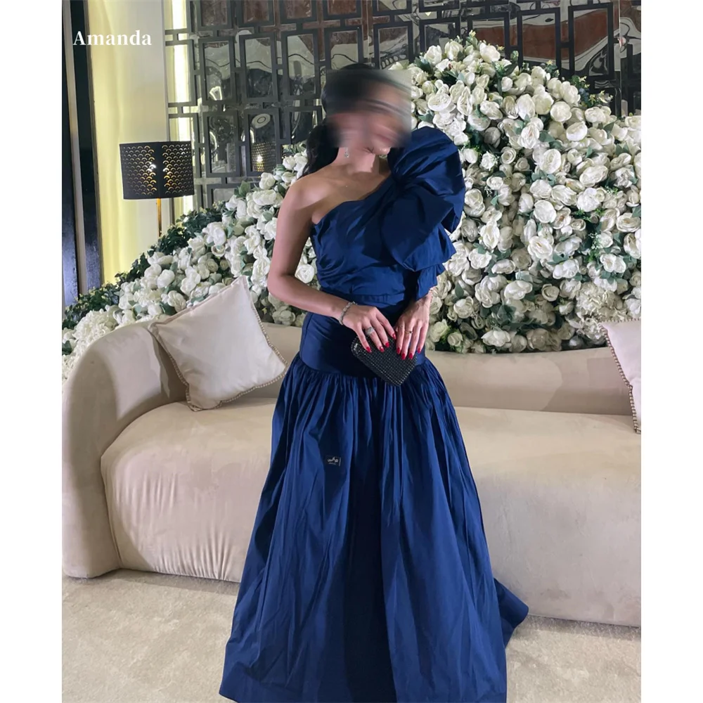 Amanda Taffeta One the Shoulder Floral robes de soirรฉe A-Line Draped Floor-Length Evening Dresses Formal Evening Wedding Dress