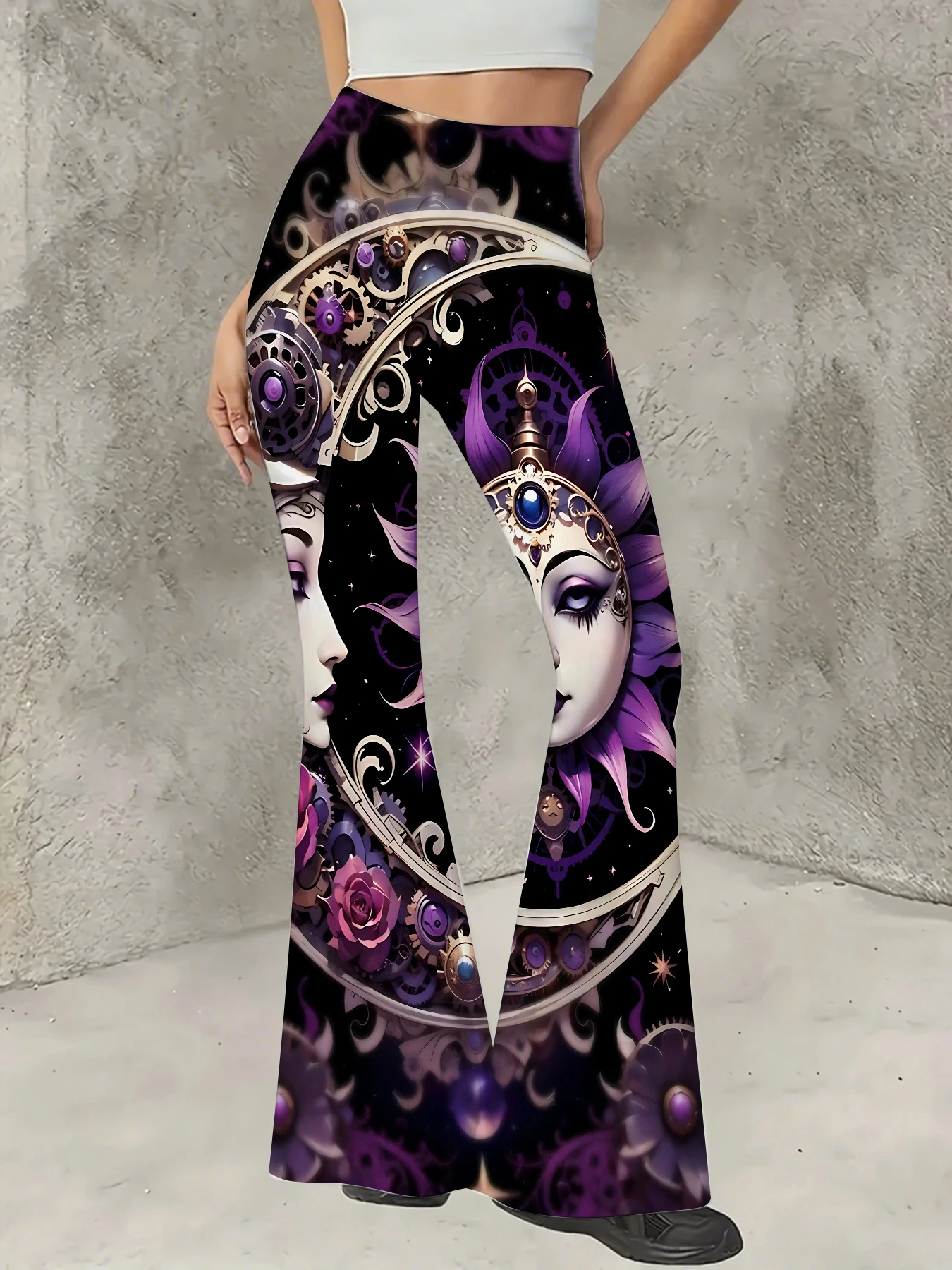 

Women's Boho Printed Flare Pants Vintage Knit High Waist Wide Leg Trousers
