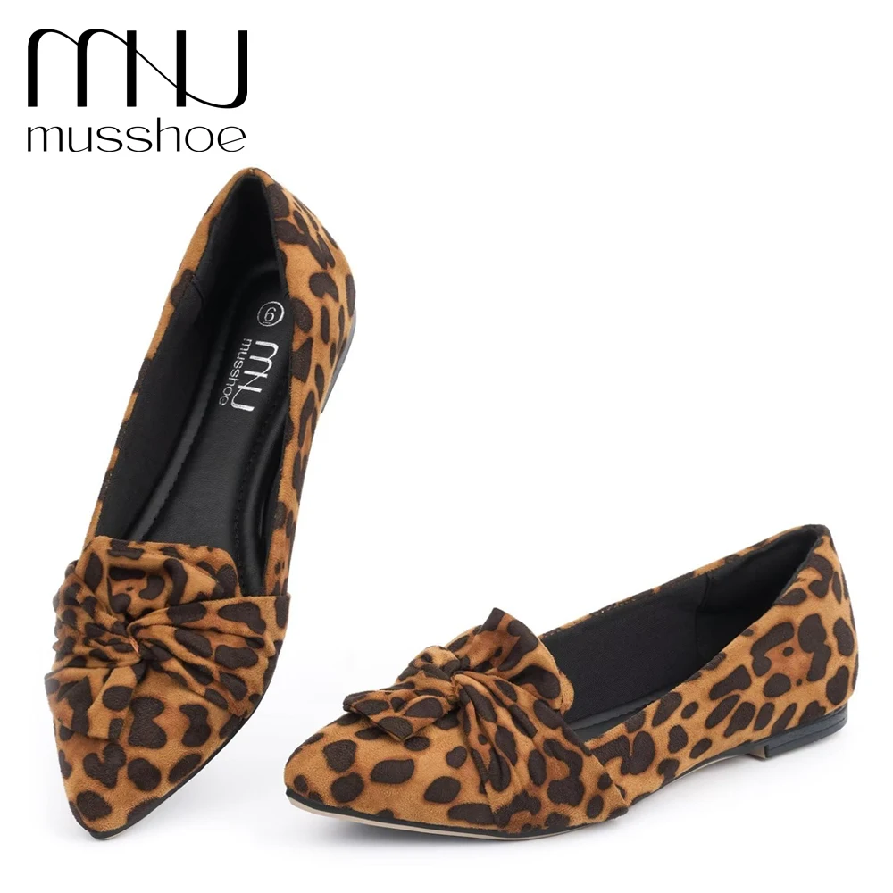 MUSSHOE Women\'s Shoes Leopard Print Flats Butterfly-knot Pointed Toe Flat Low Heels Loafers Flats Women Shoe Walking Zapatos