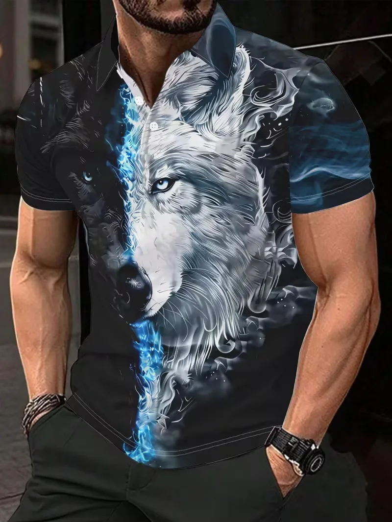 Men's 3D Wolf & Truck Print Polo Shirt Short Sleeve Lapel Neck Casual Polo Tops Breathable Summer Sport Tees Shirt For Men