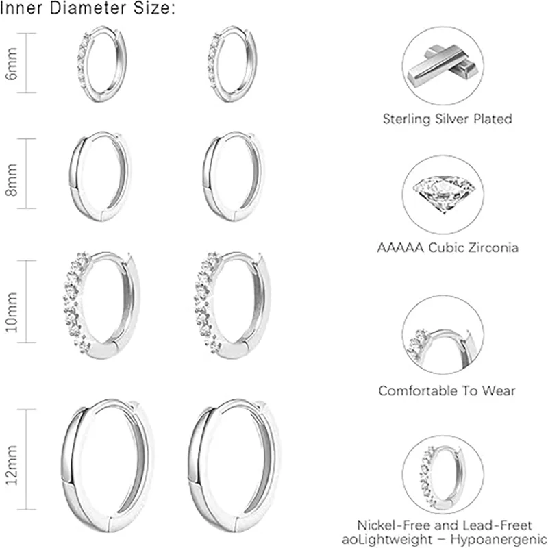 4 pairs of women's earrings fashionable 925 sterling silver cubic zirconia low sensitivity CZ 6/8/10/12mm, classic circle small