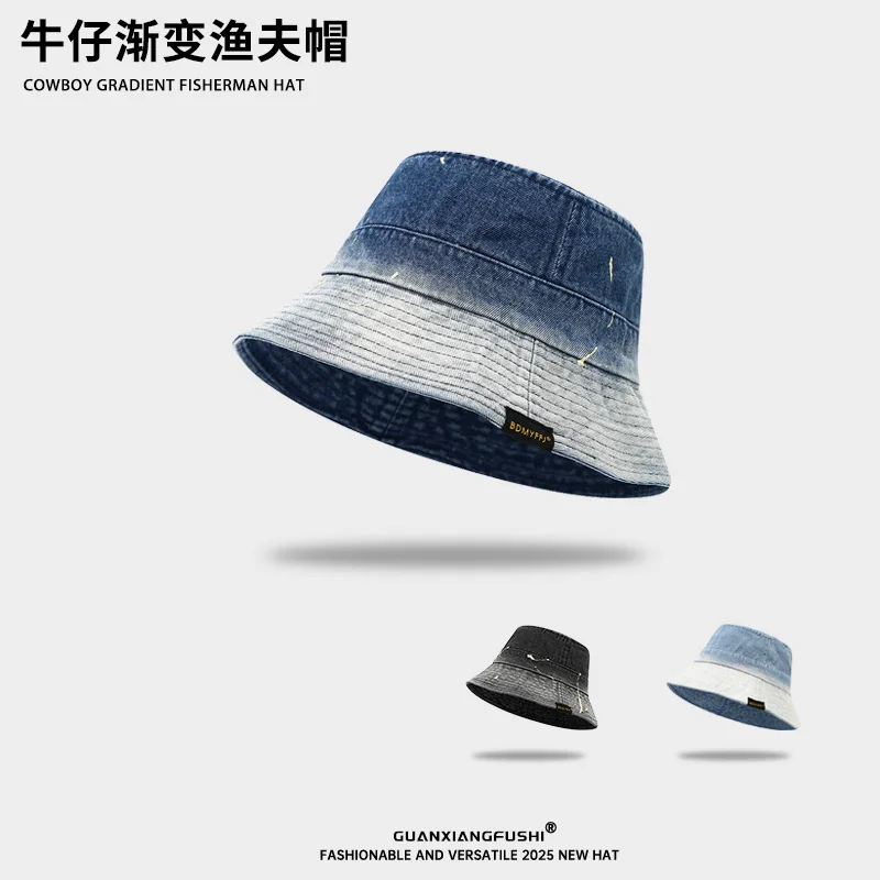 Washed Gradient Denim Fisherman Bucket Hat Unisex Retro Casual Sun Uv Protection Hat For Outdoor Beach Daily Wear Dark Blue Ligh