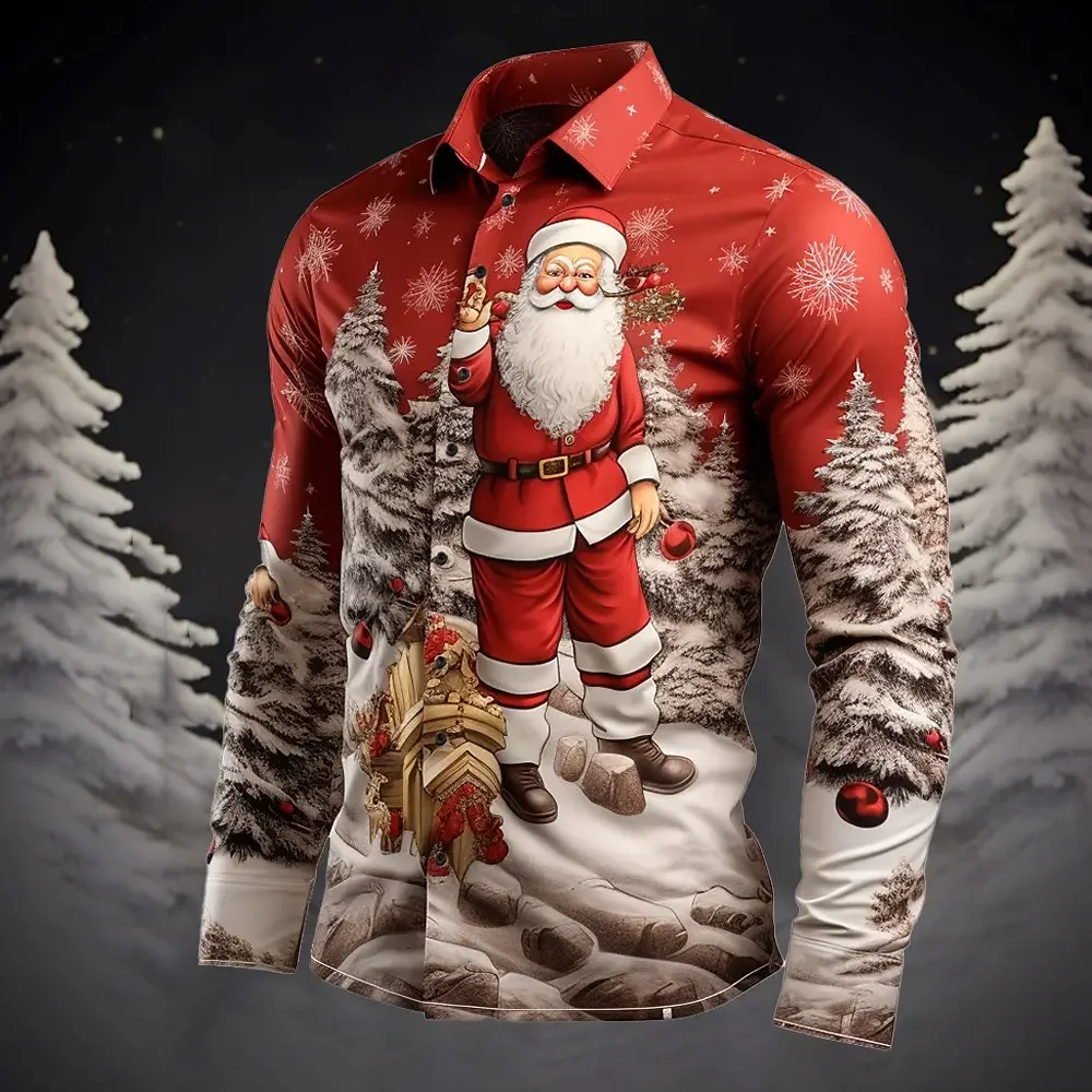

2025 New Christmas 3D Printing Casual Fashion Men's Santa Claus Holiday Shirt New Year Christmas Long Sleeve Men's Party Shirt