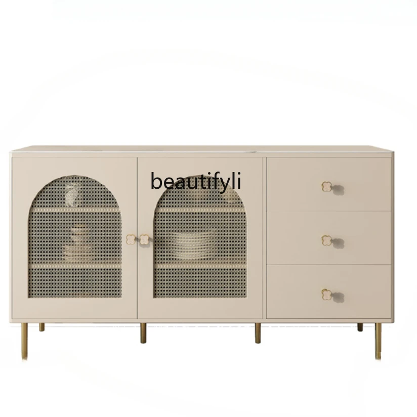 

Italian Stone Plate Sideboard Cabinet Cream Style Rattan Woven Storage Organizer Chest of Drawers