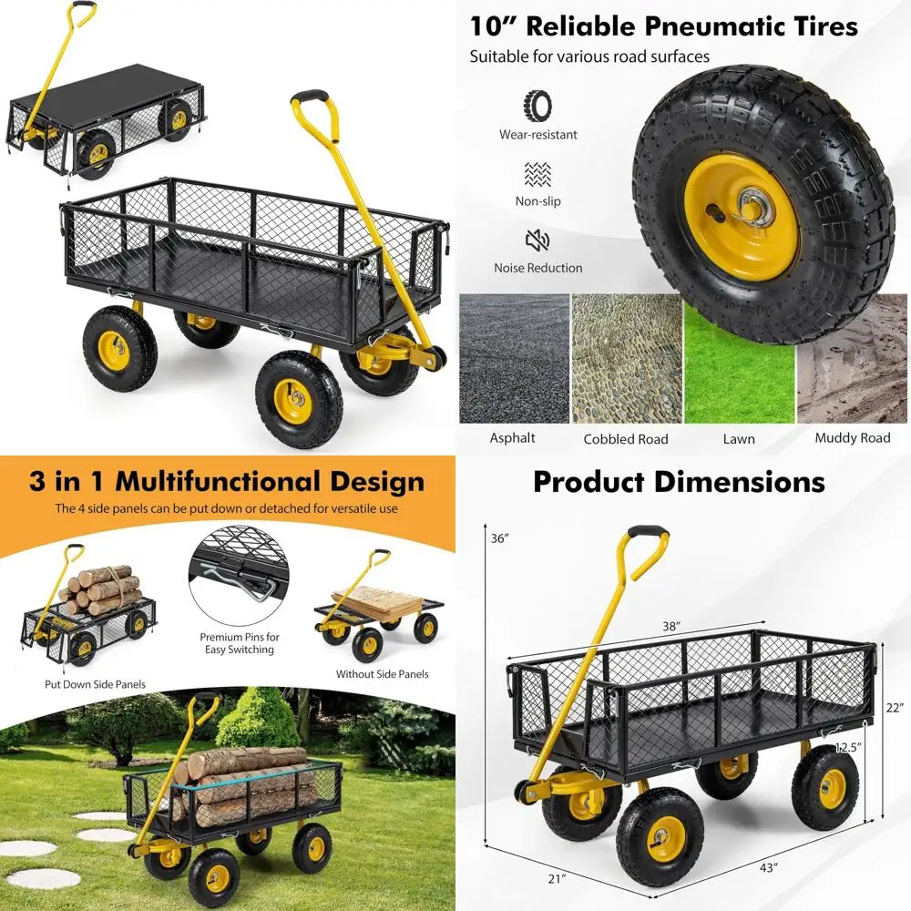 Mesh Steel Garden Cart 900lbs Capacity, 4 Removable Sides, 10 Pneumatic Tires, Adjustable Handle, Utility Wagon for Outdoor Task