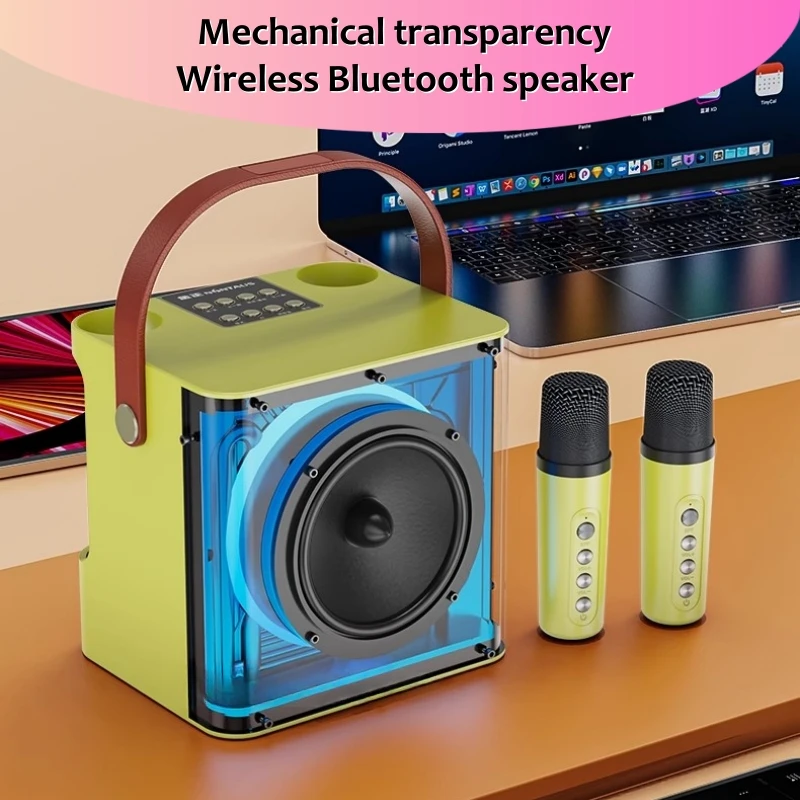 2024 New Product Mechanical Transparency Bluetooth Speakers Rechargeable Outdoor Karaoke Speakers With 2 Wireless Microphones