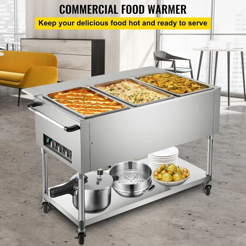 Commercial Electric Food Warmer,3-Pot Steam Table Food Warmer 0-100℃ W/ 2 Lockable Wheels,Professional Stainless Steel Material