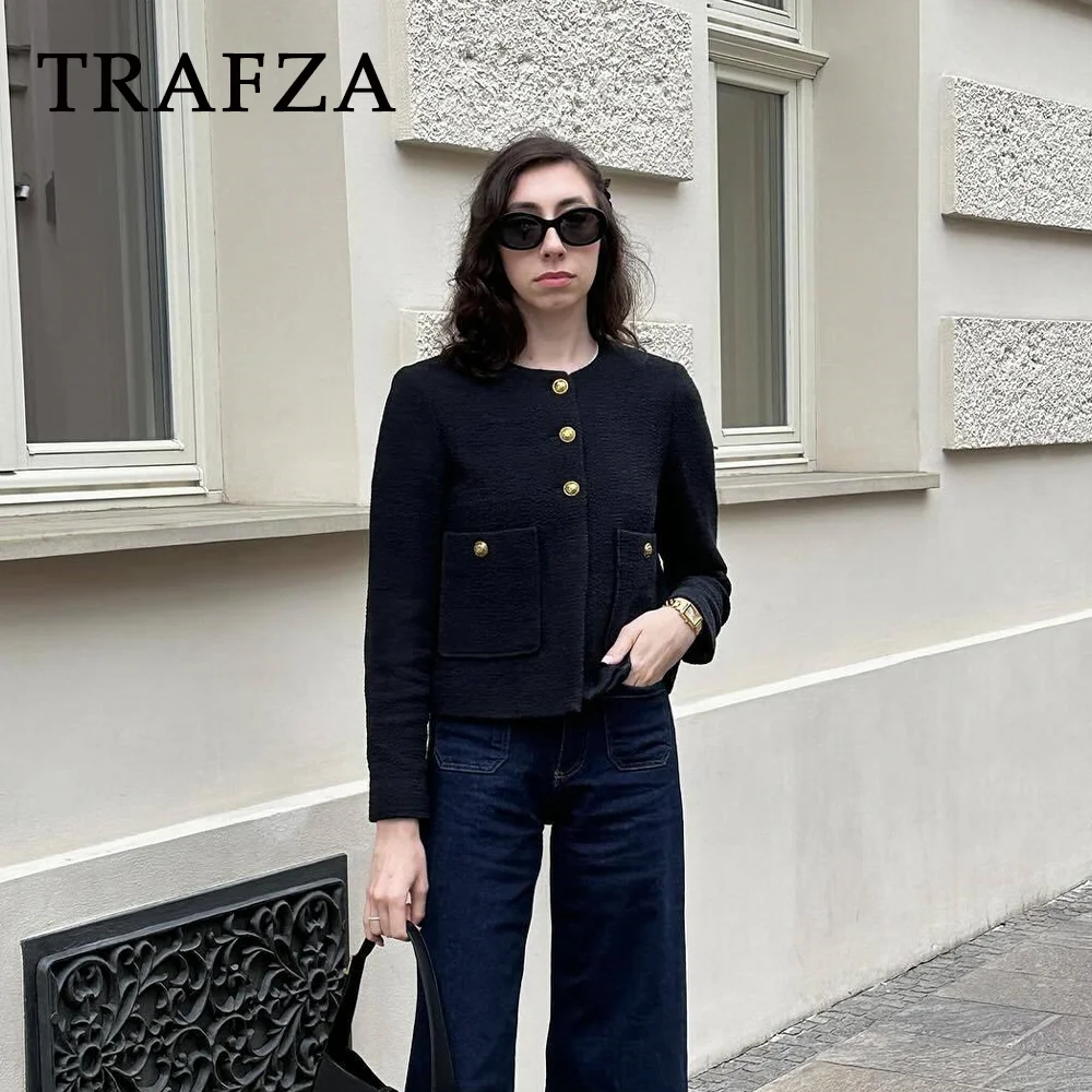 TRAFZA 2024 jesienno-zimowa Casual kurtki damskie moda Streetwear pojedyncze piersi O Neck solidne kieszenie eleganckie płaszcze damskie